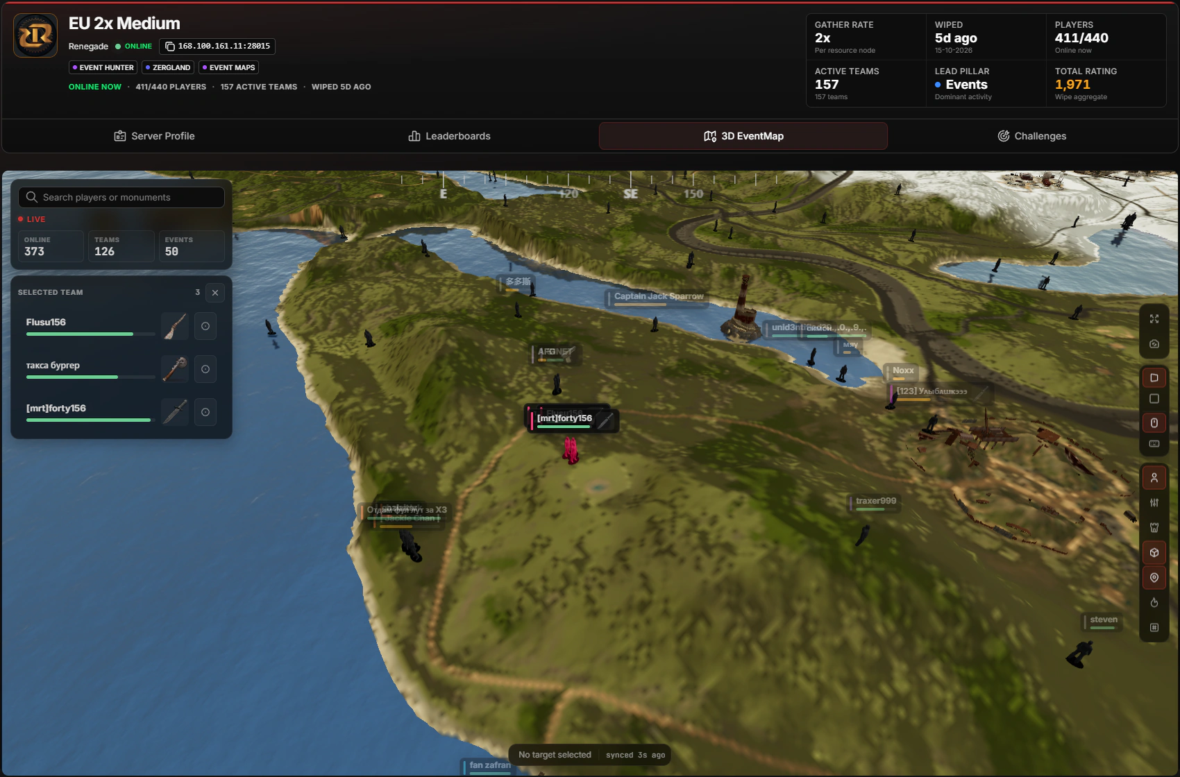 RankEval 3D EventMap with a selected team panel tracking three players