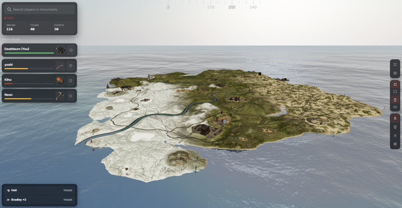 RankEval EventMap™ live server map with player positions, events, and movement trails